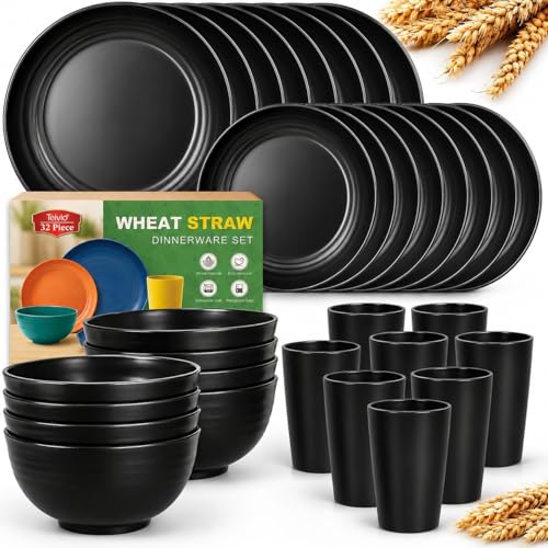 Teivio 32-Piece Kitchen Plastic Wheat Straw Dinnerware Set, Service for 8, Unbreakable Modern Dish Set - Dinner Plate/Dessert Plate/Cereal Bowl/Cup, for Apartment Essentials, Outdoor Camping, Black - color: Black