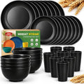 Teivio 32-Piece Kitchen Plastic Wheat Straw Dinnerware Set, Service for 8, Unbreakable Modern Dish Set - Dinner Plate/Dessert Plate/Cereal Bowl/Cup, for Apartment Essentials, Outdoor Camping, Black - color: Black