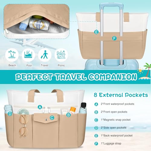 Beach Bags for Women Large Canvas Beach Tote with Zipper Wet Pocket, Waterproof Foldable Swim Pool Travel Tote Bags - color: Khaki