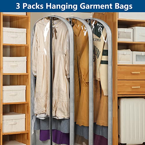 3 Pack 60" Long Garment Bags for Hanging Clothes Storage, Clear Suit Garment Bags with 4" Gussets for Closet Storage Travel, Plastic Protector for Dress Gowns, Coats, Suit, Down Jacket - size: 60" 3Pack