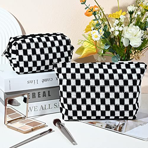 SOIDRAM 2 Pieces Black Makeup Bag Large Checkered Cosmetic Bag Capacity Canvas Mix Travel Toiletry Bag Organizer Cute Makeup Brushes Aesthetic Accessories Storage Bag for Women, Checkered Mix Black - color: Black