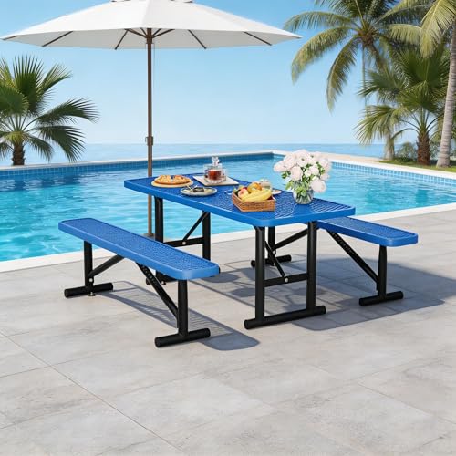 6FT Outdoor Metal Picnic Table with 2 Benches,Heavy Duty Rectangular Picnic Table Set for Outside, Waterproof Commercial Restaurant Table Furniture for Park, Campfield, Patio, Garden, Yard - color: Set B-blue, size: 6FT