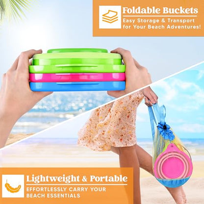 JOYIN 3 Packs Foldable Pail Bucket with Shovels & Mesh Bag, Collapsible Buckets Multi Purpose for Beach, Camping Gear, Beach Party, Fishing, and Fun Summer Activities (Blue/Pink/Green) - color: Blue/Pink/Green