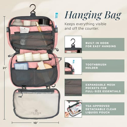 Toiletry Bag Kit 3 Piece Set: Hanging Travel Toiletry Bag + 311 TSA Cosmetic Liquid Bag + Accessory Organizer Pouch - color: Pink