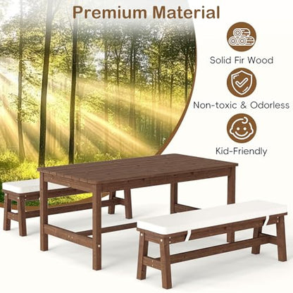 Olakids Kids Picnic Table, Outdoor Wooden Bench Set with Removable Cushions Adjustable Foldable Umbrella, Toddler Backyard Furniture for Patio Garden