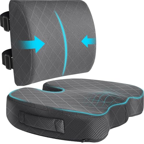 TushGuard Back&Seat Cushion, Car Seat Office Chair Cushions, Breathable Memory Foam Lumbar Back Support Pillow, Portable Airplane Seat Cushion for Travel, Computer Desk, Wheelchair, Driving (Grey) - color: Grey, size: Large