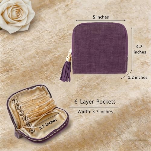 Small Travel Jewelry Case for Women, 6-Layer Velvet Organizer Pouch with Zipper, Anti-Scratch Portable Bag for Bracelets, Rings, Earrings & Necklaces (Purple) - color: Purple