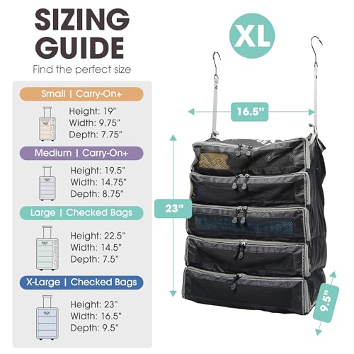 Pack Gear Hanging Suitcase Organizer - Our XL Hanging Luggage Organizer Perfectly Fits Any Suitcase - Our Packing Cubes For Travel Use Mesh Windows to Make Finding Any Outfit Easy (Black, XL) - color: Black, size: X-Large (Check-In)