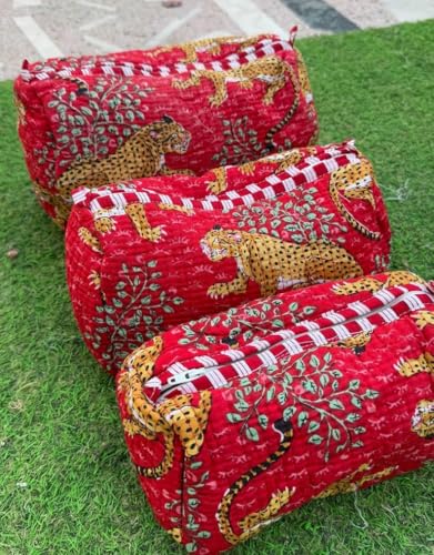 YILLE Set of 3 Pieces Block Printed Travel Organizer Kit Storage Bag for Women Makeup Bag Travel Cosmetic Bag (Red Cheetah) - color: Red Cheetah