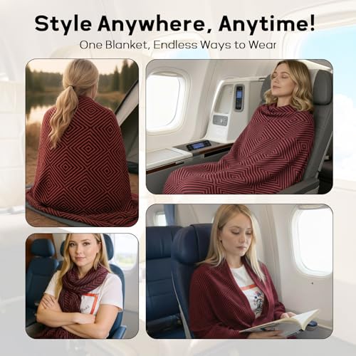 Travel Blanket Airplane - Ultra Soft & Lightweight Knit Design Compact Airplane Blanket,53x72 Inch,Stylish Travel Shawl Wraps for Flights,Office,Home Use,Travel Essentials & Gifts - color: Red Black