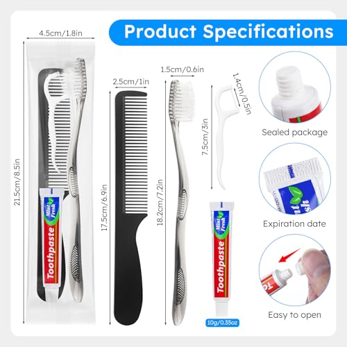 Travel Toothbrushes with Toothpaste, Disposable Toothbrushes, Hygiene Kits in Bulk with Floss Picks, Combs, Individually Packaged, Suitable for Home, Travel, and Hotels (15-Pack)