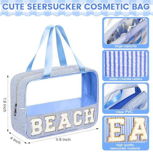 Sanwuta Seersucker Beach Bag Chenille Letter Clear Sunscreen Makeup Bag with Handle and Zipper Seersucker Stripe Preppy Women Cosmetic Pouch for Storage Travel Organizer(Blue) - color: Blue, style: Beach