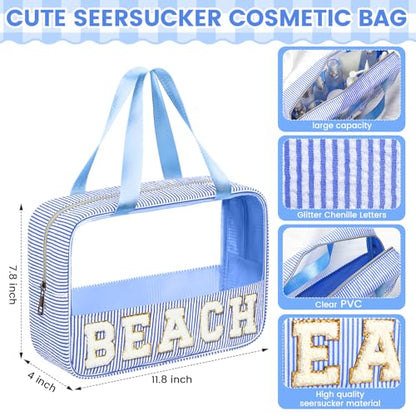 Sanwuta Seersucker Beach Bag Chenille Letter Clear Sunscreen Makeup Bag with Handle and Zipper Seersucker Stripe Preppy Women Cosmetic Pouch for Storage Travel Organizer(Blue) - color: Blue, style: Beach