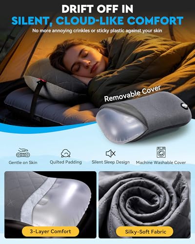 Hikenture Camping Pillow with Removable Cover - Ultralight Inflatable Pillow for Neck Lumbar Support - Upgrade Backpacking Pillow - Washable Travel Air Pillows for Camping, Hiking, Backpacking - color: Grey