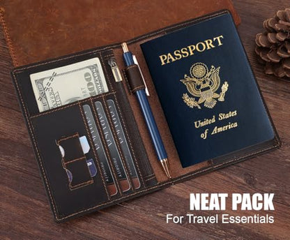 STAR VISTA Phoenix Leather Passport Holder, Full Grain Cowhide Travel Wallet - RFID Blocking, ID Window, Zipper Pocket, Pen & Notebook Included, Dark Chocolate - color: Dark Chocolate Cowhide