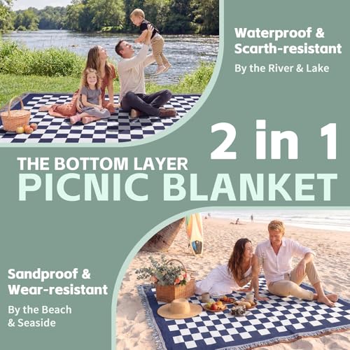 2 in 1 Extra Large Boho Beach Blanket Towel Giant Woven Outdoor Rug Picnic Mat Camping Gear Cruise Essential 2026 Summer Vacation Must Have Airplane Travel Accessories Costa Bahamas Hawaii Trip Stuff - color: Checkered Blue