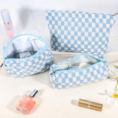 ZLFSRQ 3Pcs Checkered Makeup Bag for Women Large Small Checkered Cosmetic Bag Set Aesthetic Preppy Pencil Case Cute Pencil Pouch Blue Makeup Pouch for Purse Travel Toiletry Bags Zipper Skincare Bags - color: B-Checkered 3Pcs Mix Blue