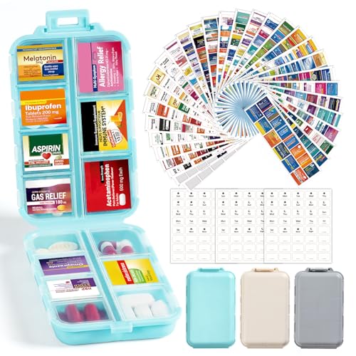 3 Pack 14 Grids Travel Pill Organizer Box with 415-Pcs Medicine Name Labels - Pocket Daily Pharmacy Case Container Kit - Travel Medication Holder Dispenser for Fish Oil Vitamin, Khaki+Grey+Sky Blue - color: Khaki+blue+grey, size: with Bulk Med Labels