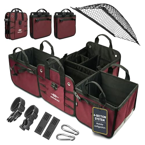4-Section Trunk Organizer for SUV, Truck, Van, Sedan – Modular Extra Large Cargo Bin, Detachable Car Trunk Storage with Dividers, Collapsible Auto Organization System – Cherry - color: cherry, size: 4-section XXL