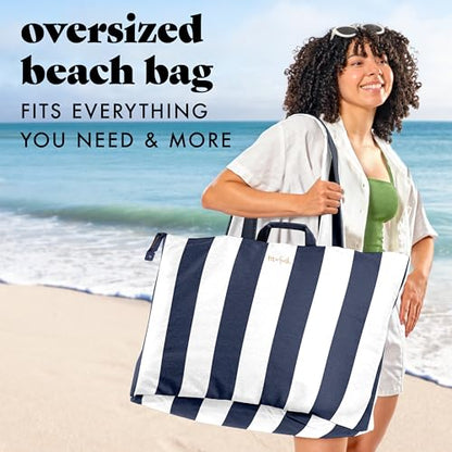 Fit & Fresh XL Beach Tote Bag for Women – XL Travel Tote with Zipper & Pockets, Oversized Canvas Pool Bag, Weekender Carry-On - color: Navy