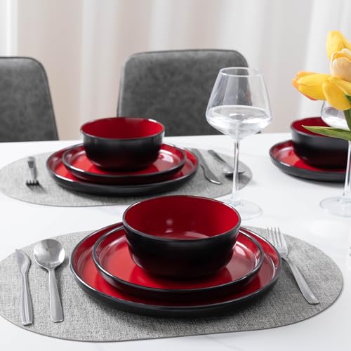 12-piece Dinnerware Sets Service for 4 - Dinner Plate, Dessert Plates, Cereal Bowls, Lightweight Melamine Plates and Bowls Sets, RV, Kitchen Dishes for Outdoor Use, Red and Black - color: Black and Red