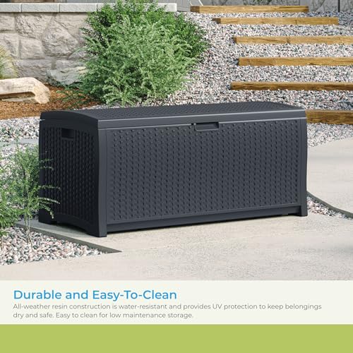 Suncast Outdoor Storage Box - 73 Gallon Cyberspace Resin Wicker Deck Box with Lockable Lid, Outdoor Storage Bin for Patio Cushions, Shoes, Pool & Garden Gear, Made in USA - style: Deck Box (Cyberspace)