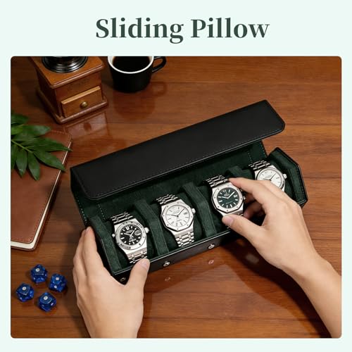 Leather Watch Roll for 4 Watches - Velvet-Lined Travel Case, Luxury Watch Rolls Organizer with Storage & Display for Men (4 Slot-Black Green) - color: 4 Slot-Black Green