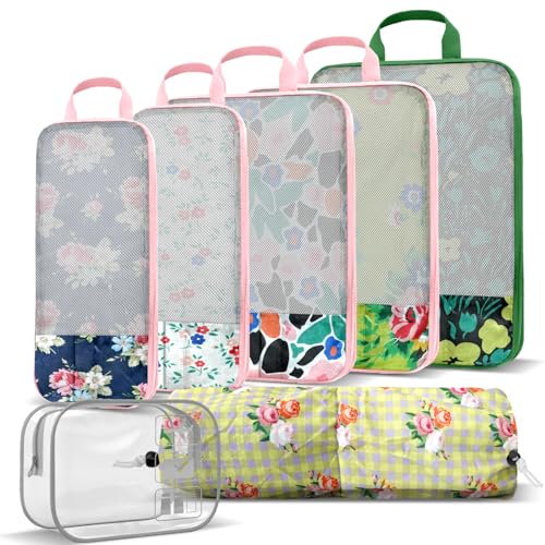 7 Piece Travel Compression Packing Cubes - Toiletry Kit Foldable Organizer Bags for Efficient Suitcase Packing - gingham print with lovely floral (Travel Essentials) - color: Black-1