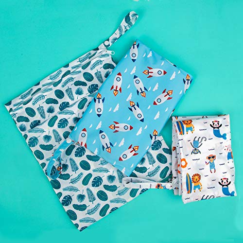 babygoal Wet Dry Bags for Baby Cloth Diapers, Washable Travel Bags, Beach, Pool, Gym Bag for Swimsuits & Wet Clothes with Two Zippered Pockets 3 Pack, 3LN12 - color: Monkey&Rocket&Leaves