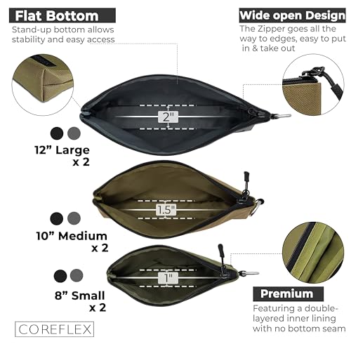 COREFLEX Premium Tool Pouch Zipper Bag, Small Tool Bag, Multipurpose Storage pouch, Heavy duty Flat Bottom Tool bag with YKK Zipper (6 pack Combo mixed size Black &Grey) - size: 6 pack Combo mixed size Black &Grey