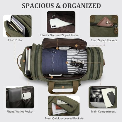 Gonex Canvas Duffle Bag 60L Travel Duffel Overnight Weekend Bag with Shoe Compartment (Army Green) - color: Army Green, size: X-Large-60L (With Shoe Compartment)