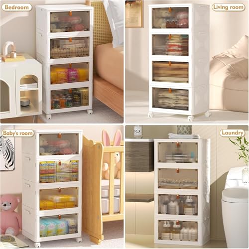 YFXCVSL 4 Tier Plastic Storage Bins with Lid 23QT, Stackable Storage Containers with Wheels, Folding Storage Boxes, Stackable Storage Bins, Organizers and Storage for Living Room,Office,Dorm - size: 4-Tier 23QT