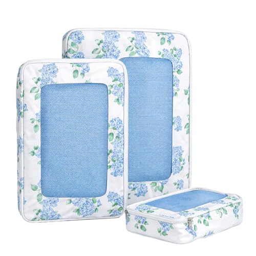 Shinylin 3 Pack Compression Packing Cubes for Travel 3 Size Clothing Bags with Mesh Window for Travel Home Underwear Clothes Accessories Organization Women (Blue Floral) - style: Blue Floral