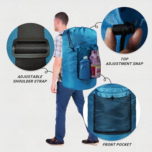 Laundry Bag with Shoulder Straps and Mesh Pocket Laundry Backpack Large Portable Laundry Hamper for College Laundromat Apartment (Light Blue) - color: Light Blue