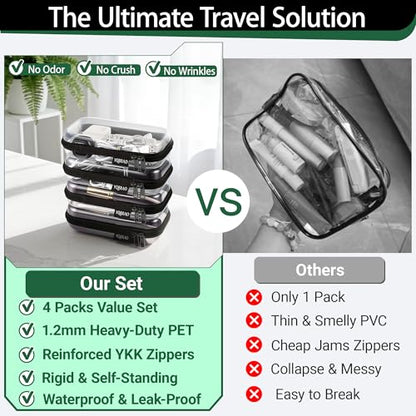 YQBRAO 4-Pack Clear Hard Shell Zipper Case, 1.2mm Ultra-Thick Diaper Bag Organizer Pouches, Rigid Self-Standing Travel Makeup Bags with YKK Zippers, TSA Approved, Black - color: Black, size: 4 Pack(S)