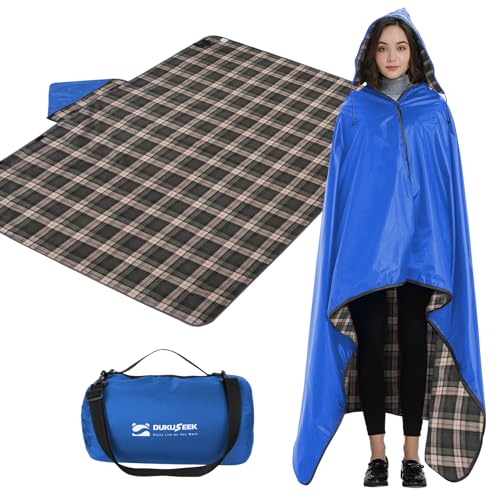 DUKUSEEK Outdoor Stadium Blankets with Hood, Fleece Blankets, Quilted, Extra Thick Fleece, Warm, Windproof, Sandproof, Includes Stuff Sack, Shoulder Strap - color: Dark-blue-blue-plaid