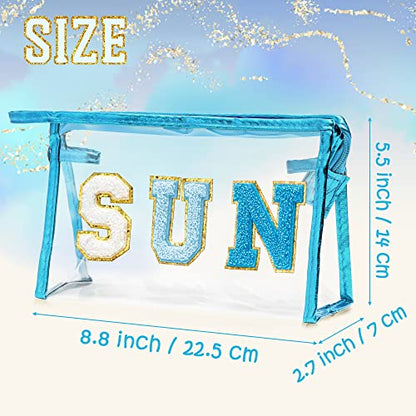 Y1tvei Preppy Patch SUN Varsity Letter Cosmetic Toiletry Bag Transparent PVC Zipper Makeup Bag Clutch Purse Portable Waterproof Travel Organizer Compliant Bag for Women Girls Teens (Blue) - color: Blue SUN Blue