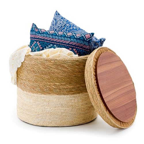 Wimarsbon Round Pouf Ottomans, Handwoven Natural Water Hyacinth Seagrass Pouffe,Outdoor Rattan Stool Accent Seat, Bohemian Coastal Home Decor (Storage - 18inch Natural Cattail & White Corn Shell) - color: Storage - 18inch Natural Cattail & White Corn Shel