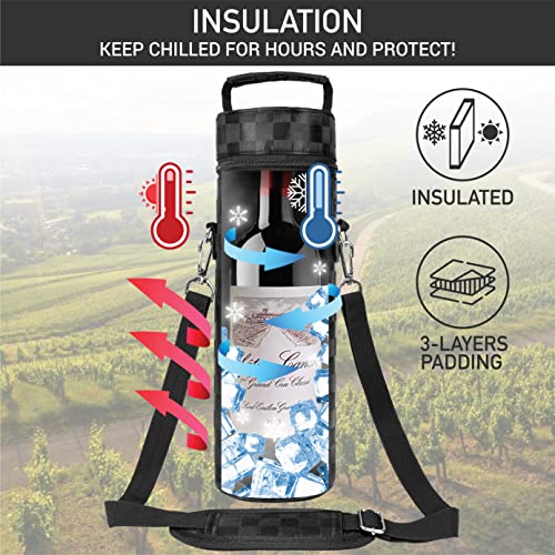 opux Wine Bag Single Bottle Carrier Tote, Insulated Wine Cooler Bag for Travel Picnic Beach with Shoulder Strap, Thermal One Bottle Holder Carrying Case Wine Gift for Women Men, Black Squares - color: Black Square
