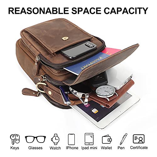 Augus Leather Small Messenger Bag For Men Crossbody Handbag Shoulder Sling Travel Bags for Men Purse Daypack Magnetic Buckle - color: Brown