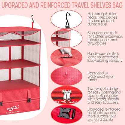 Compressible Packing Cubes Portable Hanging Closet Shelves 17"x12"x24" Extendable Travel Organizer Nylon Packing Bags for Suitcase - color: Red