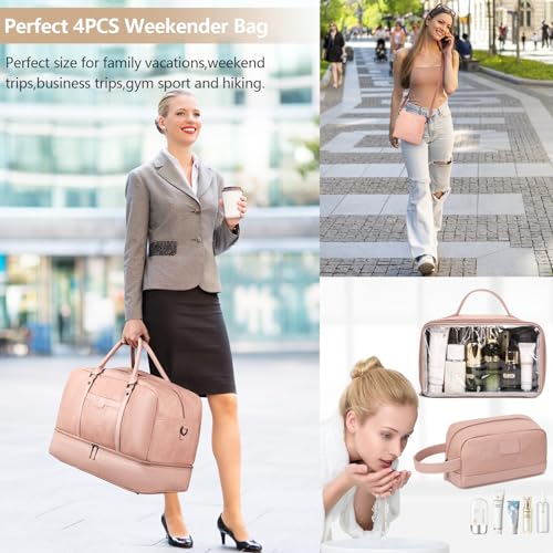 Wogarl Weekender Bag for Women Men Large Overnight Bag Travel Duffel Bag with Shoe Compartment Toiletry Satchel Bag Carry On Bag Fit 21" Laptop - color: Pink