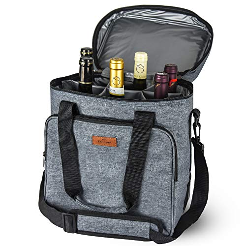 Freshore® Insulated Wine Carrier 6 Bottle Bag Tote Removable Padded Divider Cooler - Portable Travel Carrying Canvas Case Adjustable Shoulder Strap - (Space Grey)