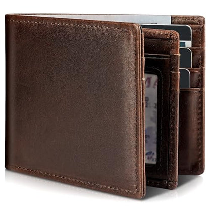 Artpaxy Mens Wallet Genuine Leather Bifold RFID Blocking Wallet for Men with 1 ID Window 13 Card Holders 2 cash pockets 1 Gift Box - color: Dark Brown