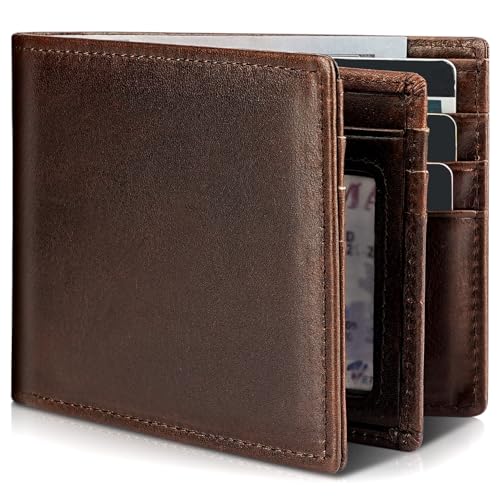 Artpaxy Mens Wallet Genuine Leather Bifold RFID Blocking Wallet for Men with 1 ID Window 13 Card Holders 2 cash pockets 1 Gift Box - color: Dark Brown