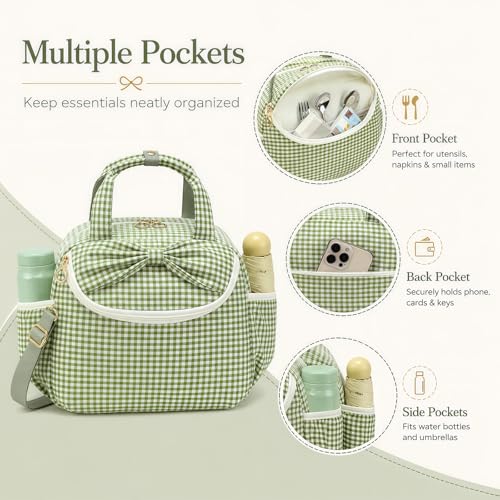 Bluboon Lunch Bag for Women, Insulated Lunch Tote with Shoulder Strap, Cute Large Lunch Box for Work, Teacher Nurse Lunch Cooler Bag for Office, Picnic, Travel (Sage Green Off White Gingham) - color: Sage Green Off White Gingham