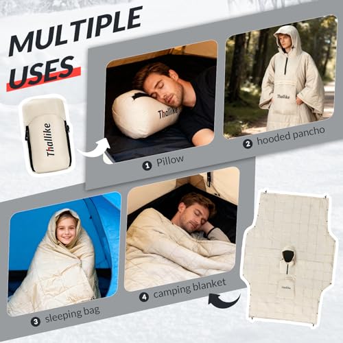 Camping Blanket with Zipper Pocket, 85'' x 61'' Large Wearable Hooded Blanket, Ultralight Warm Sleeping Bag, Windproof Camping Poncho for Outdoor Stadium Sports Gaming Hiking Picnic Concerts - color: Off-white