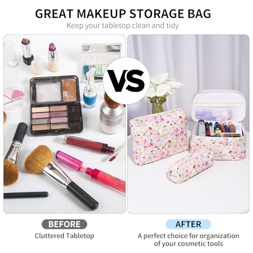 senbowe Floral Makeup Bag, 3 Pack Large Cotton Quilted Makeup Bag Set, Cute Floral Coquette Aesthetic Toiletry Bag Make Up Cosmetic Bag for Women, Toiletry Travel Make Up Organizer Bag - color: Colorful Flower