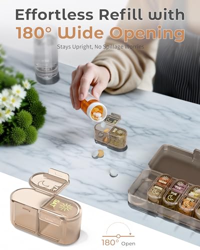 Pillex Weekly Pill Organizer 2 Times a Day, 7-Day AM PM Pill Box, Travel Pill Case, Medicine Pill Organizer for Fish Oils, Vitamins & Supplements - color: Brown