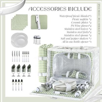 Picnic Basket Set for 4 with Waterproof Blanket Mat Insulation Bag Wicker White Green Plaid Classic Fresh Gift for Christmas Thanksgiving Wedding Birthday Camp Outdoor Beach Travel - color: Green Plaid